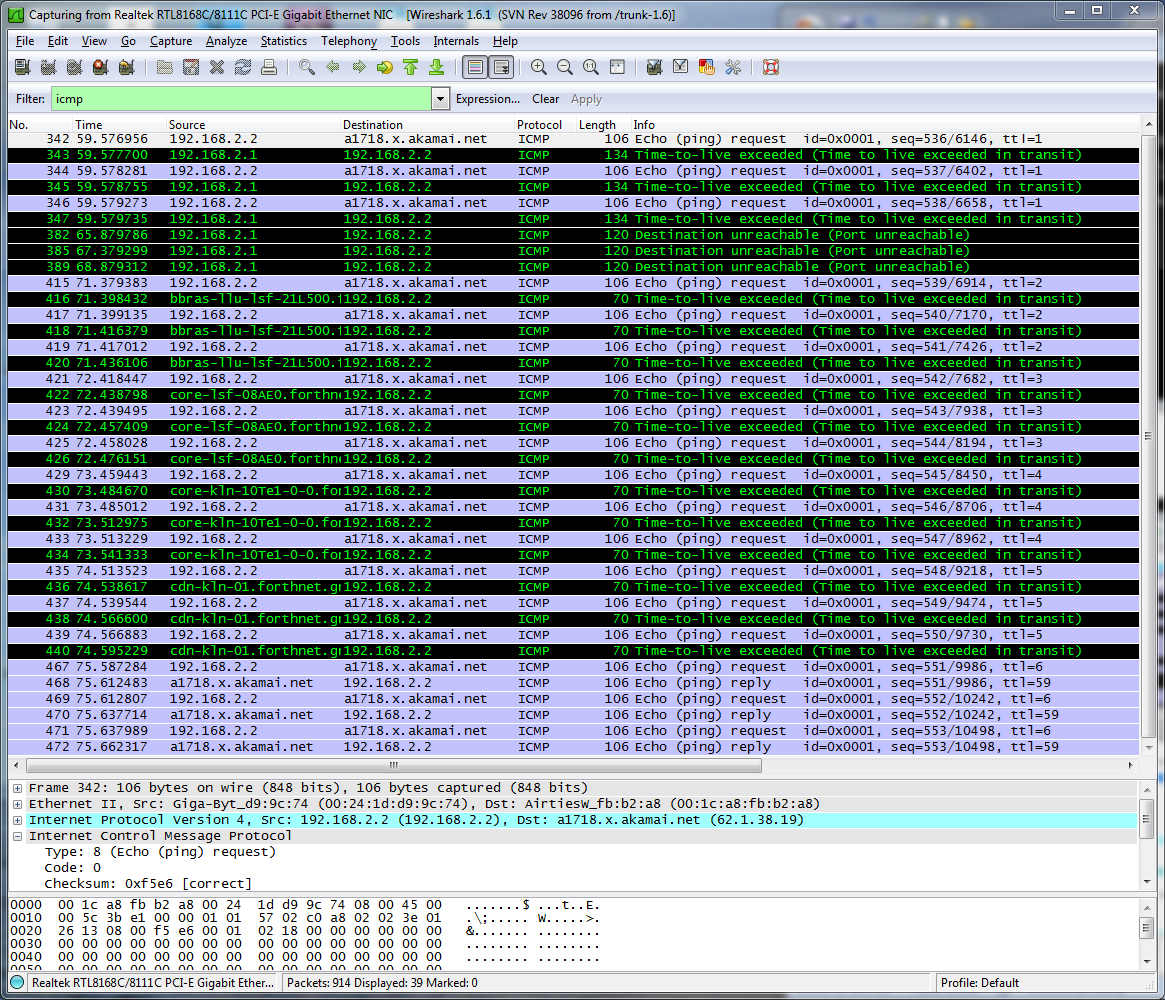 Τα ICMP μηνύματα από την εκτέλεση της tracert για το www.nasa.