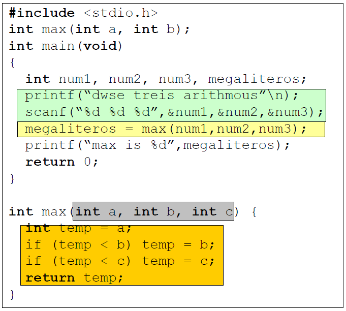 Ροή προγράμματος 1. Πρώτα εκτελούνται το printf και το scanf της main 2. Μετά έχουμε κλήση συνάρτησης. Στέλνονται στην συνάρτηση οι τιμές των num1, num2, num3 3.