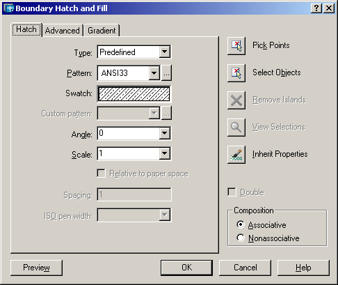 Από το εικονίδιο από τη γραμμή εργαλείων draw>hatch Από το πτυσσόμενο μενού Draw>Hatch bh h Η εντολή εμφανίζει το παρακάτω πλαίσιο διαλόγου: Οι βασικές επιλογές που πρέπει να γνωρίζουμε είναι: