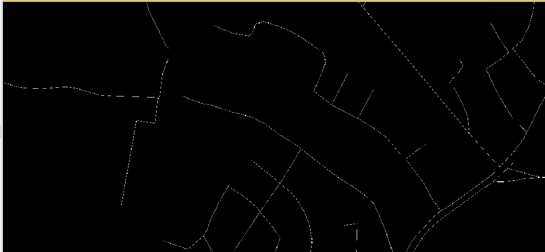 Ακολούθως, το vector shapefile του οδικού δικτύου (γραμμές) μετατράπηκε σε δυαδική εικόνα (raster binary) και το αποτέλεσμα απεικονίζεται μεγεθυνμένο στην Εικόνα 4-17.
