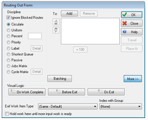 Σχήµα: Work Center- Routing Out From: Επίσης, το Simul8 δίνει την δυνατότητα στο Work Center για την εκχώρηση κώδικα µέσω της γλώσσας Visula Logic µε την οποία µπορούµε να δώσουµε εντολές στο µοντέλο