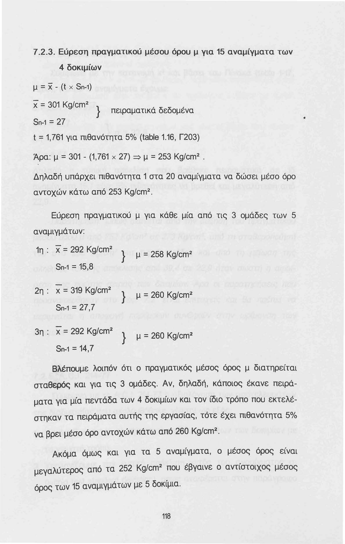 7.2.3. Εύρεση πραγματικού μέσου όρου μ για 15 αναμίγματα των 4 δοκιμίων μ = χ - (t χ Sn-1} χ= 301 Kg/cm 2 } Sn-1 = 27 πειραματικά δεδομένα t = 1,761 για πιθανότητα 5% (table 1.