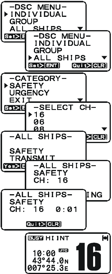 9.4.1 ΕΚΠΕΜΠΟΝΤΑΣ ΜΙΑ ΚΛΗΣΗ προς ΟΛΑ ΤΑ ΣΚΑΦΗ 1. Πιέστε το πλήκτρο CALL(MENU). Θα εμφανισθεί το DSC MENU. 2. Πιέστε τα πλήκτρα UP/ DOWN για να επιλέξετε το ALL SHIPS. 3. Πιέστε το πλήκτρο ENT.