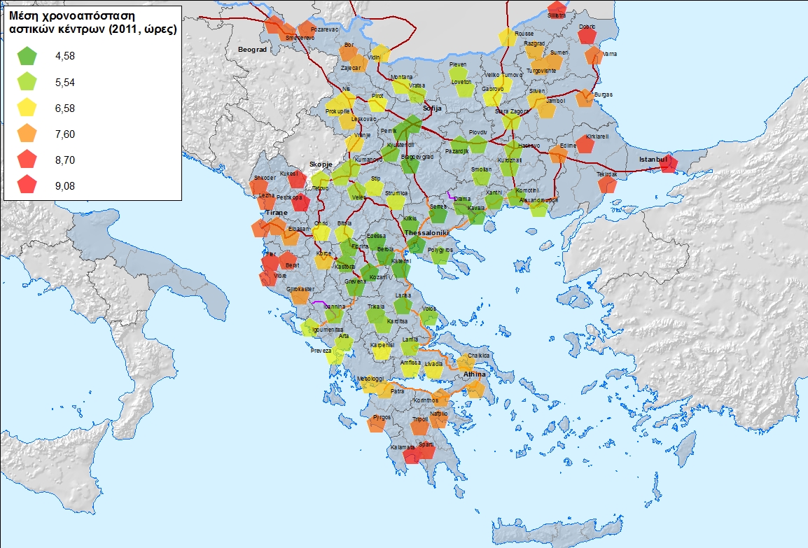 Μέση Αστικό κέντρο χρονοαπόσταση (ώρες) Tekirdak 8,22 Edirne 7,67 Kirklareli 8,35 Μικρότερη τιμή δείκτη παρουσιάζει η Θεσσαλονίκη με μέση χρονοαπόσταση 4,58 ώρες από το σύνολο των επιλεγμένων αστικών