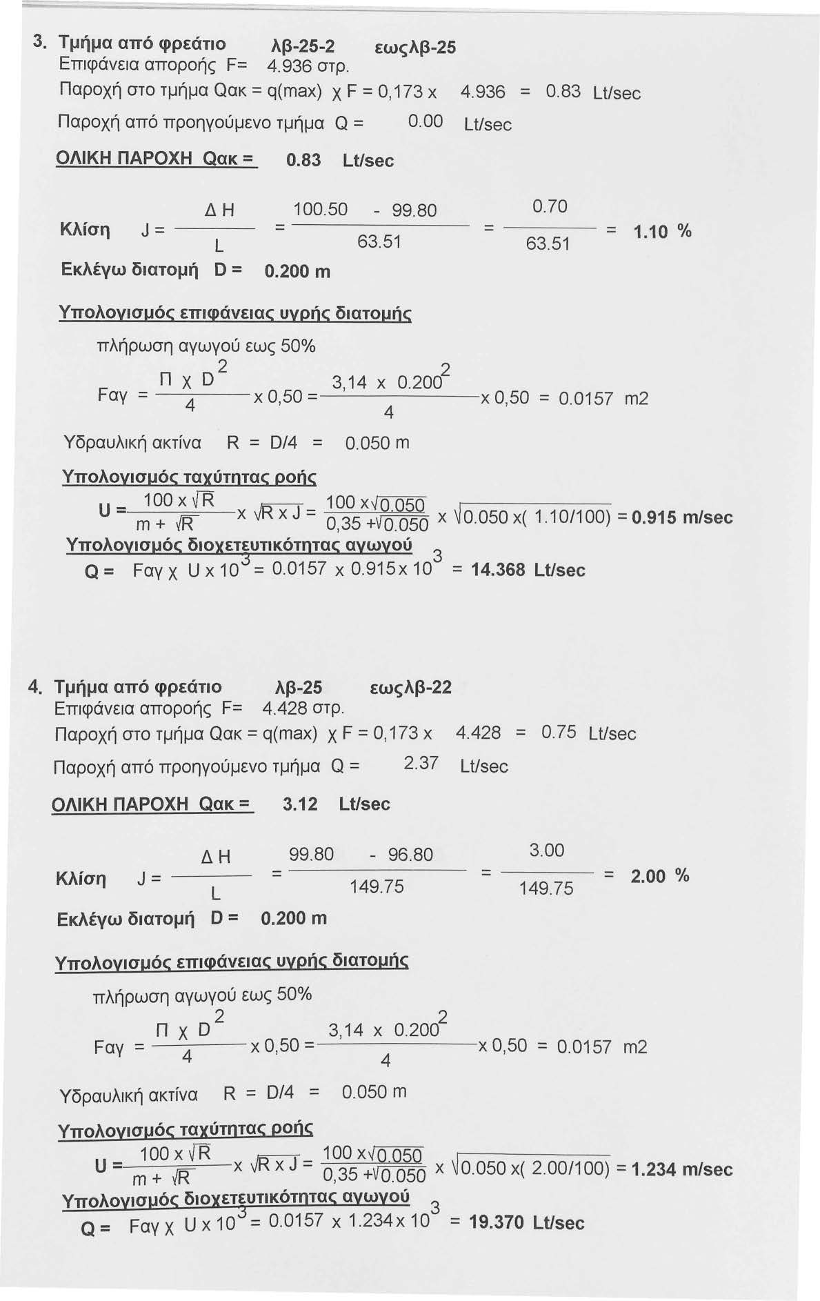 . Τμήμα από φρεάτιο λβ-5- εωςλβ-5 Επιφάνεια αποροής F=.96 στρ. Παροχή στο τμήμα Qακ = q(max) χ F =Ο, 17 χ Παροχή από προηγούμενο τμήμα Q = 0.00 Lt/sec ΟΛΙΚΗ ΠΑΡΟΧΗ Qακ = 0.8 Lt/sec.96 = 0.