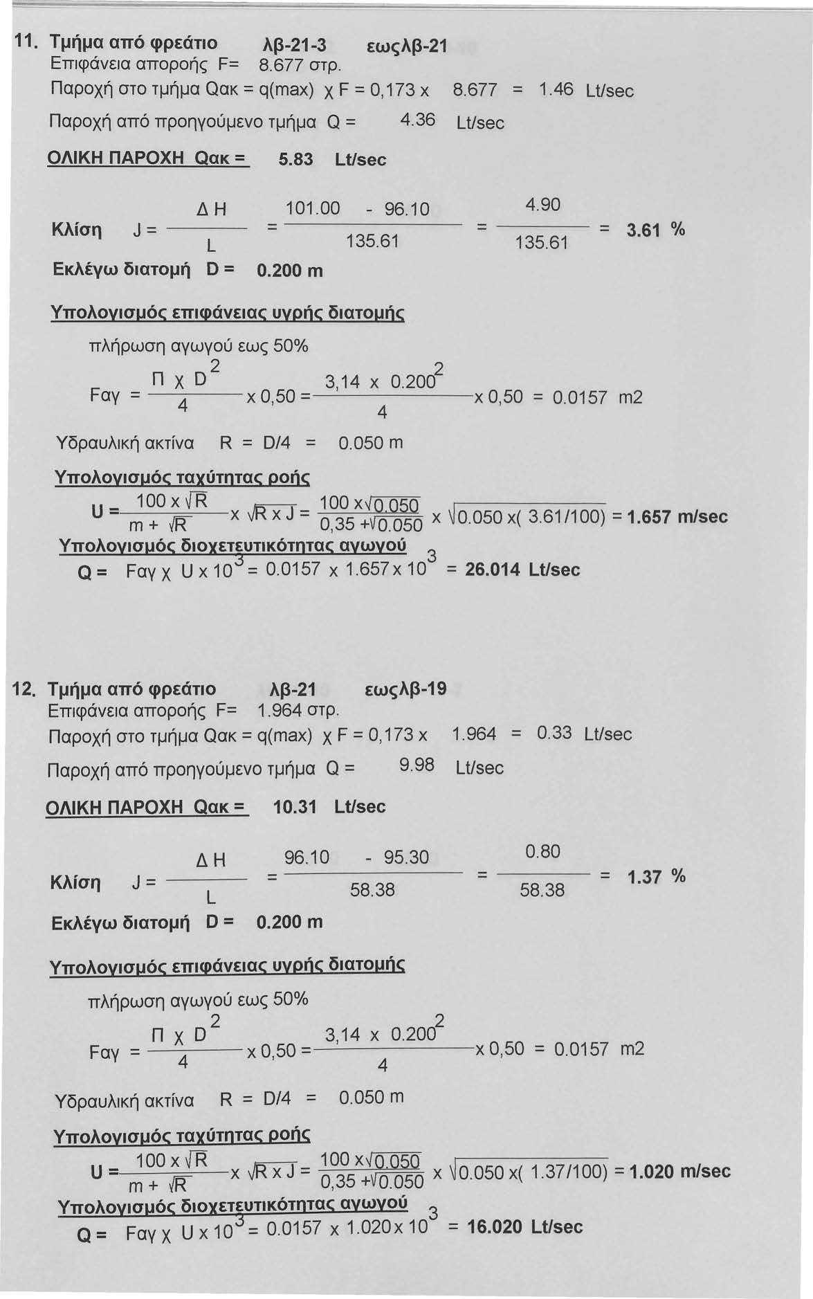 11. Τμήμα από φρεάτιο λβ-1- εωςλβ-1 Επιφάνεια αποροής F= 8.677 στρ. Παροχή στο τμήμα Qακ = q(max) χ F = Ο, 17 χ Παροχή από προηγούμενο τμήμα Q =.6 Lt/sec 8.677 = 1.6 LUsec ΟΛΙΚΗ ΠΑΡΟΧΗ Qακ = 5.