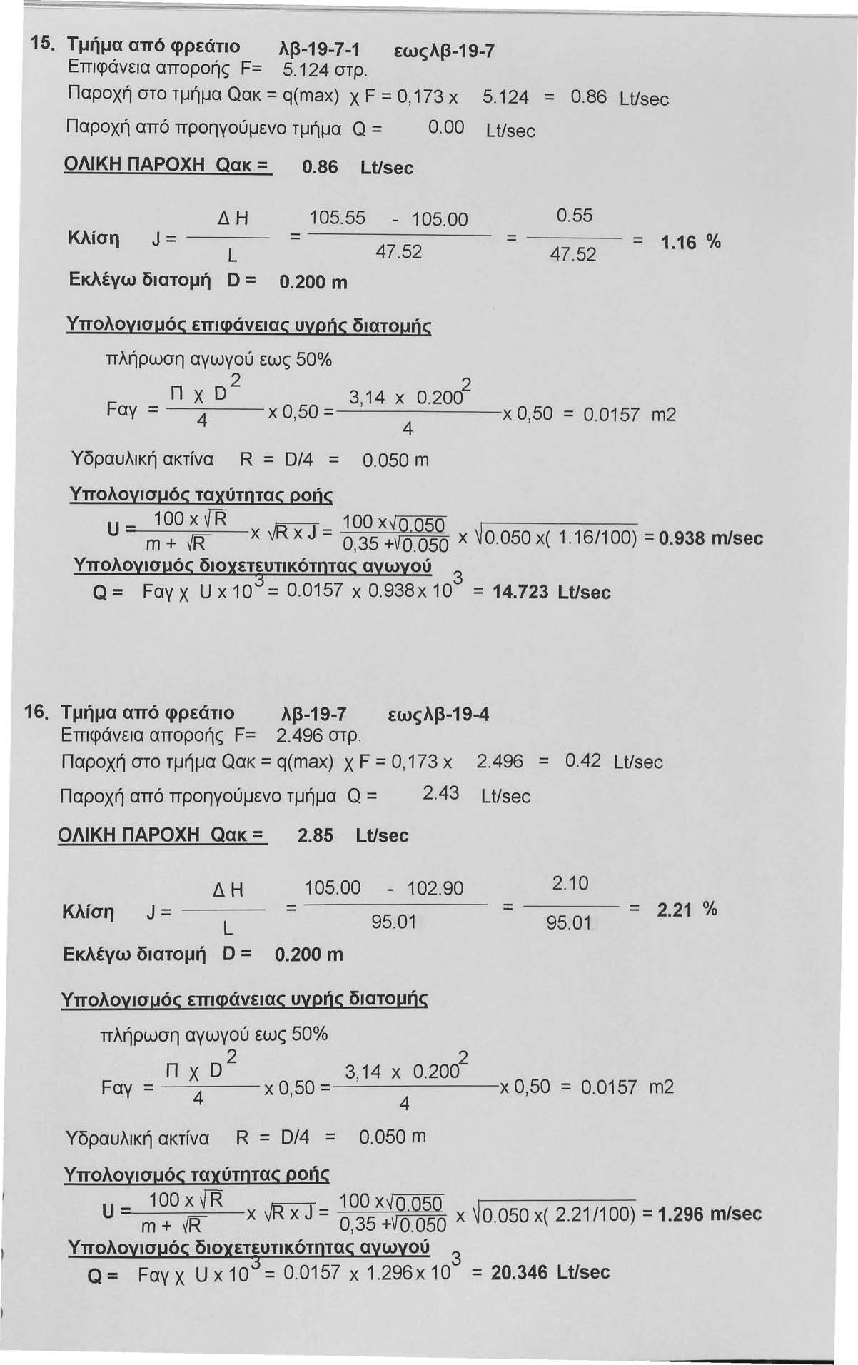 15. Τμήμα από φρεάτιο λβ-19-7-1 εωςλβ-19-7 Επιφάνεια αποροής F= 5.1 στρ. Παροχή στο τμήμα Qακ = q(max) χ F =Ο, 17 χ Παροχή από προηγούμενο τμήμα Q = 0.00 Lt/sec ΟΛΙΚΗ ΠΑΡΟΧΗ Qακ= 0.86 Lt/sec 5.1 = 0.