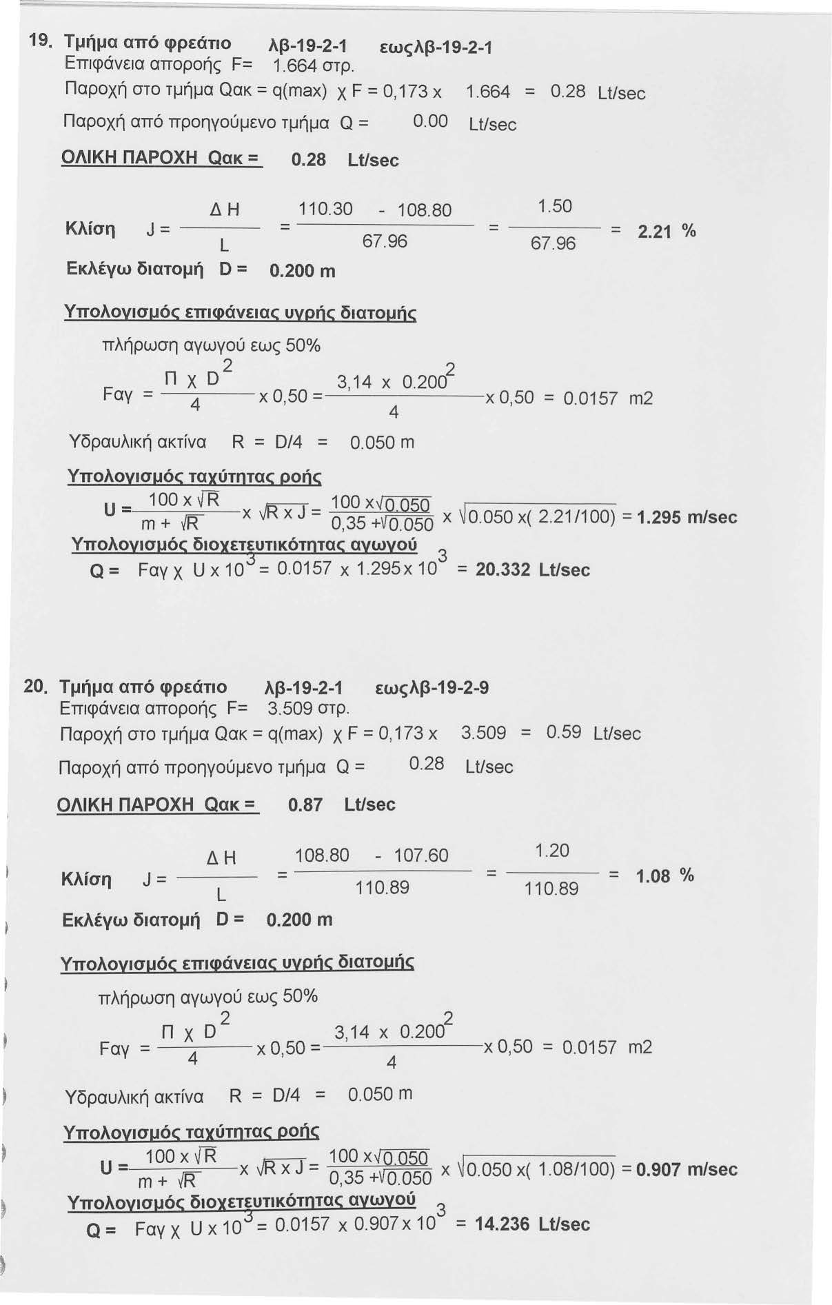 19. Τμήμα από φρεάτιο λβ-19--1 εωςλβ-19--1 Επιφάνεια αποροής F= 1.66 στρ. Παροχή στο τμήμα Qακ = q(max) χ F =Ο, 17 χ Παροχή από προηγούμενο τμήμα Q = 0.00 Lt/sec ΟΛΙΚΗ ΠΑΡΟΧΗ Qακ = 0.8 ιυsec 1.66 = 0.