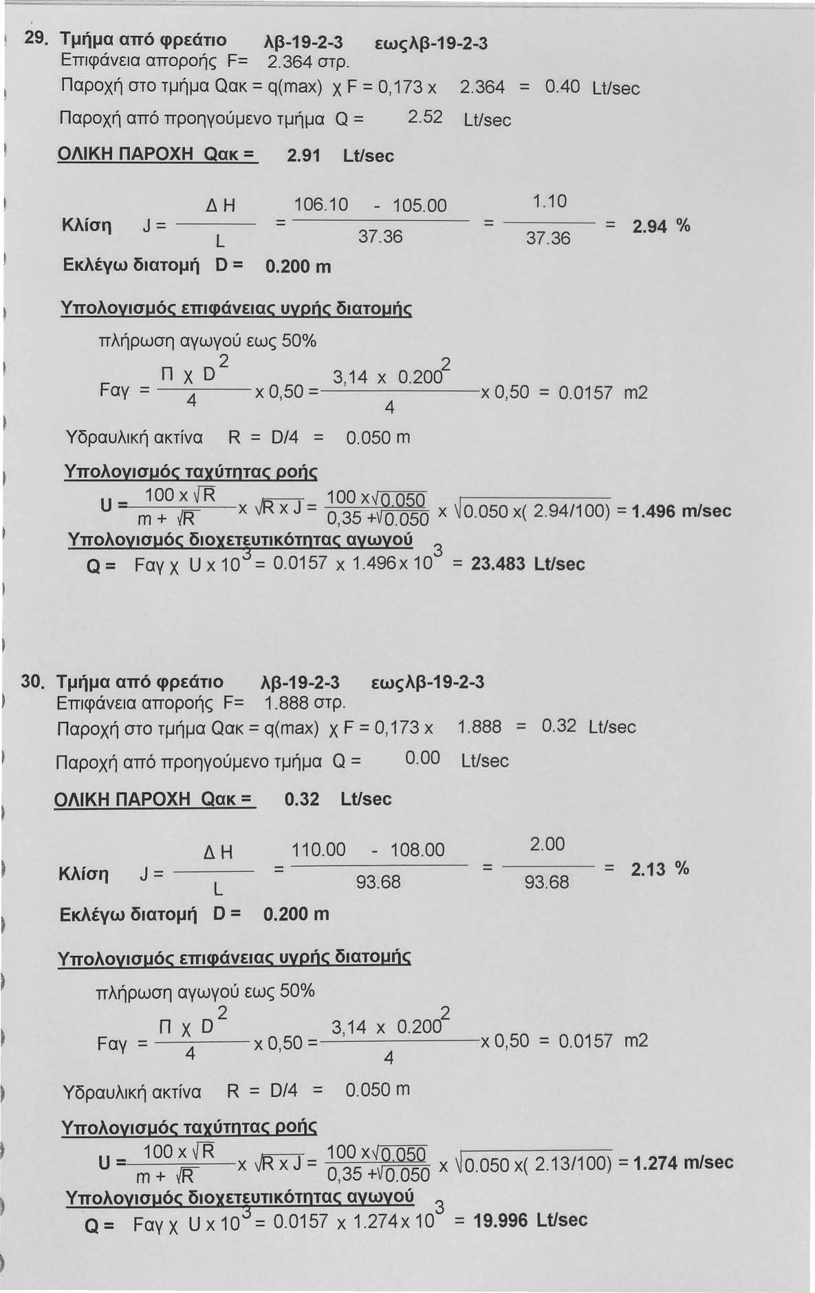 9. Τμήμα από φρεάτιο λβ-19-- εωςλβ-19-- Επιφάνεια αποροής F=.6 στρ. Παροχή στο τμήμα Qακ = q(max) χ F =Ο, 17 χ Παροχή από προηγούμενο τμήμα Q =.5 Lt/sec.6 = 0.0 LUsec ΟΛΙΚΗ ΠΑΡΟΧΗ Qακ =.