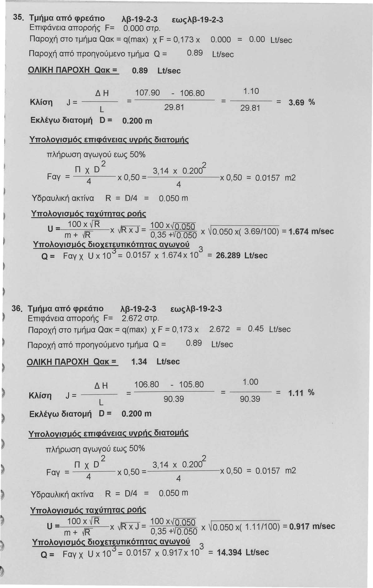 5. Τμήμα από φρεάτιο λβ-19-- εωςλβ-19-- Επιφάνεια αποροής F= 0.000 στρ. Παροχή στο τμήμα Qακ = q(max) χ F =Ο, 17 χ Παροχή από προηγούμενο τμήμα Q = 0.89 LUsec ΟΛΙΚΗ ΠΑΡΟΧΗ Qακ = 0.89 Lt/sec 0.000 = 0.