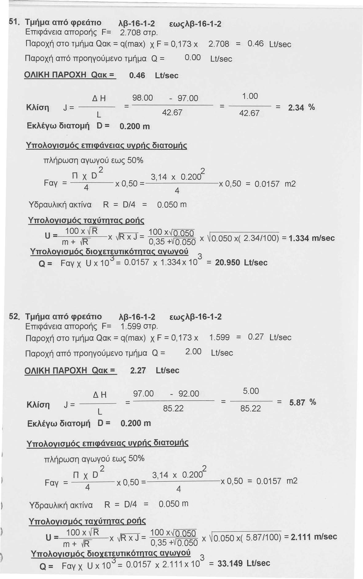 51. Τμήμα από φρεάτιο λβ-16-1- εωςλβ-16-1- Επιφάνεια αποροής F=. 708 στρ. Παροχή στο τμήμα Qακ = q(max) χ F =Ο, 17 χ Παροχή από προηγούμενο τμήμα Q = 0.00 Lt/sec ΟΛΙΚΗ ΠΑΡΟΧΗ Qακ = 0.6 Lt/sec.