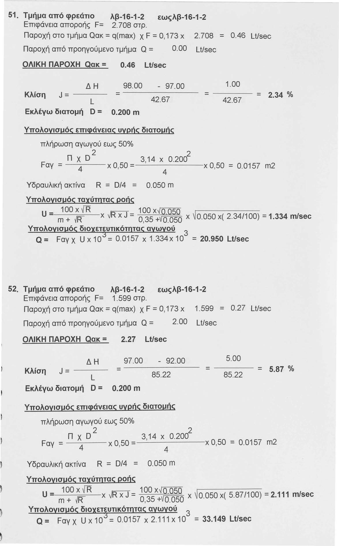 51. Τμήμα από φρεάτιο λβ-16-1- εωςλβ-16-1- Επιφάνεια αποροής F=. 708 στρ. Παροχή στο τμήμα Qακ = q(max) χ F = 0,17 χ Παροχή από προηγούμενο τμήμα Q = 0.00 LVsec ΟΛΙΚΗ ΠΑΡΟΧΗ Qακ = 0.