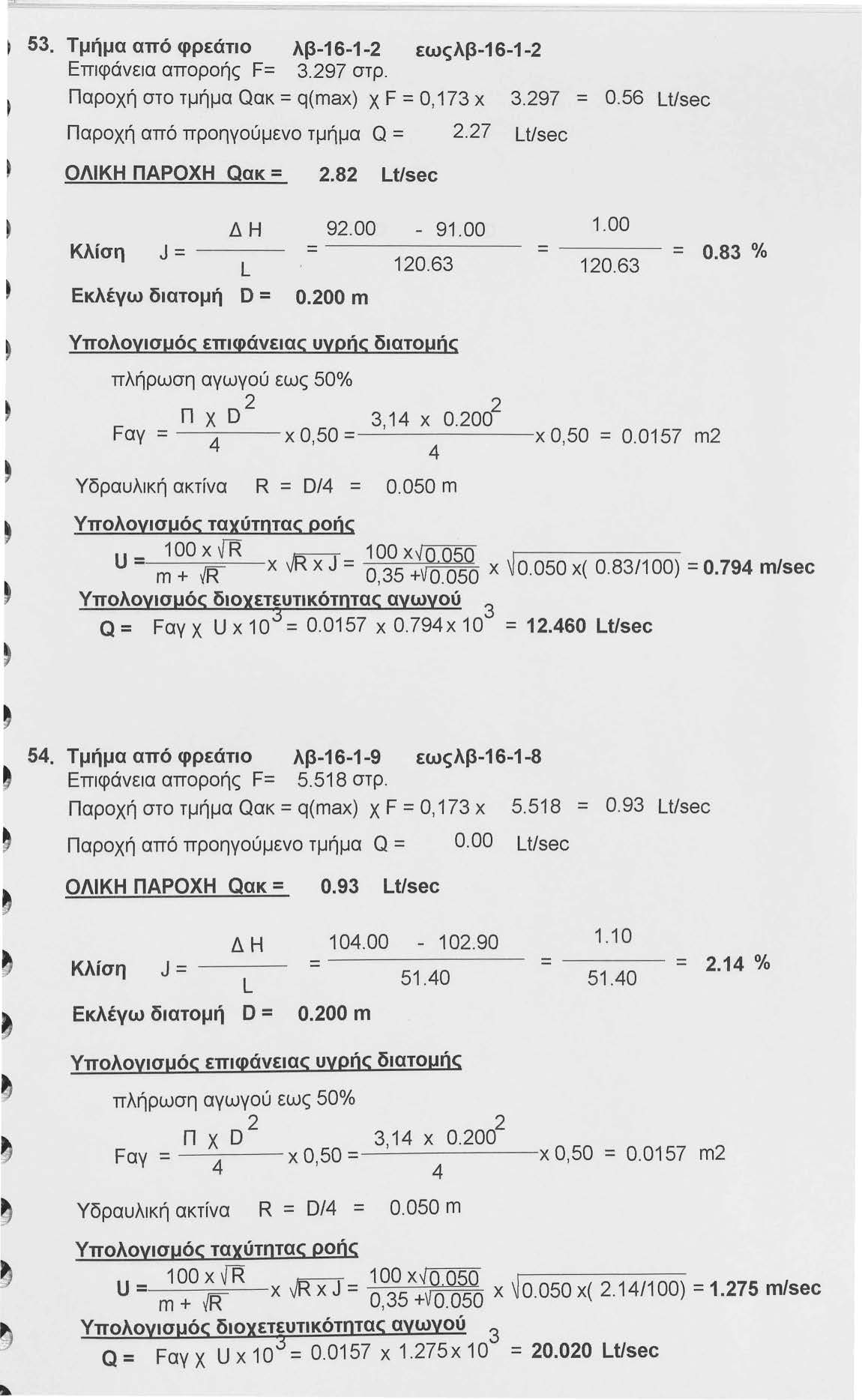 5. Τμήμα από φρεάτιο λβ-16-1- εωςλβ-16-1- Επιφάνεια αποροής F=. 97 στρ. Παροχή στο τμήμα Qακ = q(max) χ F =Ο, 17 χ Παροχή από προηγούμενο τμήμα Q =.7 Lt/sec ΟΛΙΚΗ ΠΑΡΟΧΗ Qακ =.