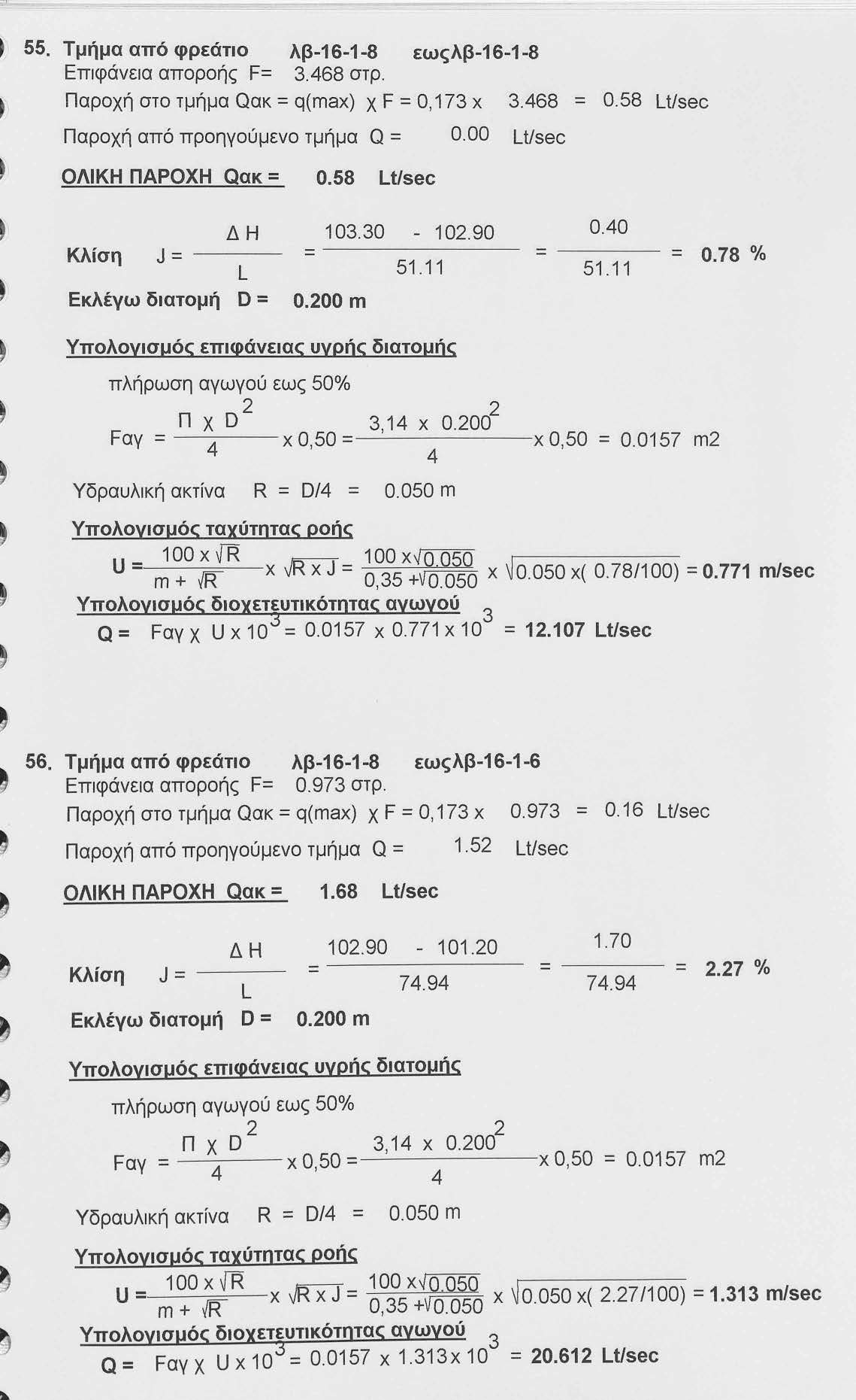 55. Τμήμα από φρεάτιο λβ-16-1-8 εωςλβ-16-1-8 Επιφάνεια αποροής F=.68 στρ. Παροχή στο τμήμα Qακ = q(max) χ F =Ο, 17 χ Παροχή από προηγούμενο τμήμα Q = 0.00 Lt/sec ΟΛΙΚΗ ΠΑΡΟΧΗ Qακ = 0.58 Lt/sec.68 = 0.