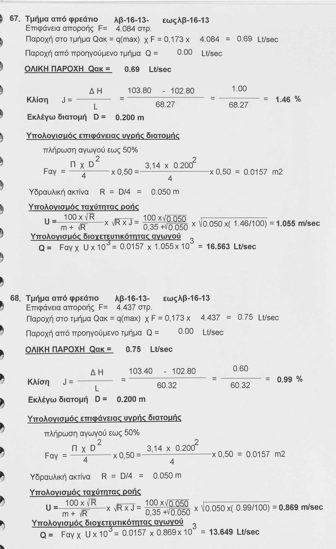 67. Τμήμα από φρεάτιο λβ-16-1- εωςλβ-16-1 Επιφάνεια αποροής F=.08 στρ. Παροχή στο τμήμα Qακ = q(max) χ F = Ο, 17 χ.08 = 0.69 Lt/sec Παροχή από προηγούμενο τμήμα Q = 0.00 Lt/sec ΟΛΙΚΗ ΠΑΡΟΧΗ Qακ = 0.