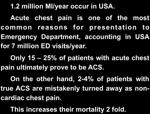 1.2 million MI/year occur in USA. Acute chest pain is one of the most common reasons for presentation to Emergency Department, accounting in USA for 7 million ED visits/year.