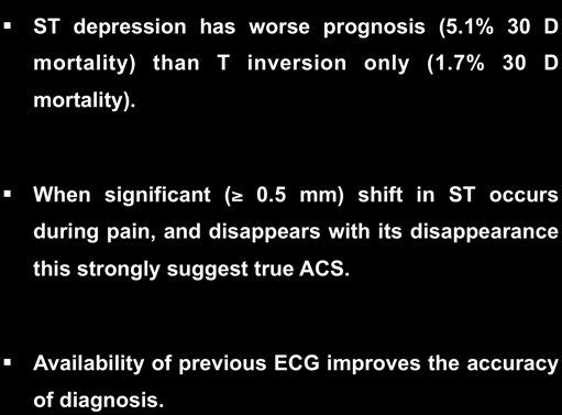ST depression has worse prognosis (5.1% 30 D mortality) than T inversion only (1.7% 30 D mortality). When significant ( 0.