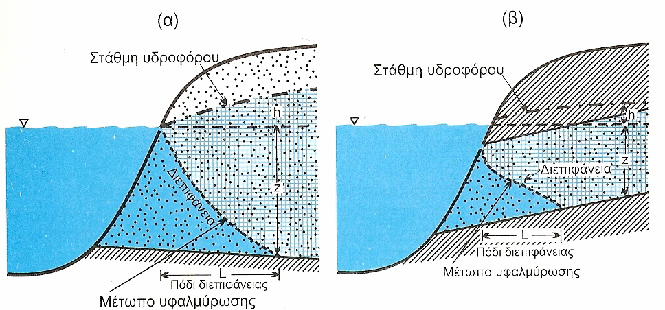 Σχήμα 1.2 : Ζώνη διεπιφάνειας (α) σε ελεύθερο και (β) σε υπό πίεση υδροφόρο στρώμα.