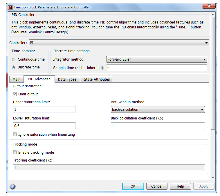 Στο σχήμα 5.18 φαίνεται μια εικόνα απο τις ιδιότητες του μπλόκ με προχωρημένες ρυθμίσεις του ελεγκτή, που αφορούν την εφαρμογή της antiwindup μεθόδου. Σχήμα 5.