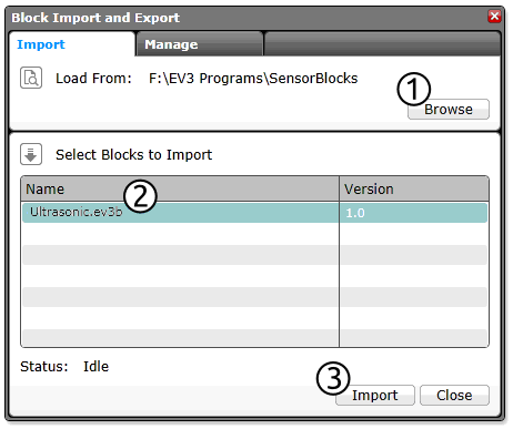 Click Browse, και επιλέξτε το αρχείο που κατεβάσατε προηγουμένως. Επιλέξτε Ultrasonic.ev3b στο πλαίσιο διαλόγου, όπως φαίνεται στην παρακάτω εικόνα. Πατήστε κλικ στο Import.