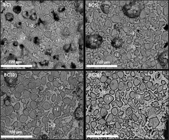 Στην εικόνα παρουσιάζονται εικόνες από την ηλεκτρονική μικροσκοπία σάρωσης (SEM) για τους τέσσερεις τύπους κλίνκερ BC, BC5, BC0 και BC0.