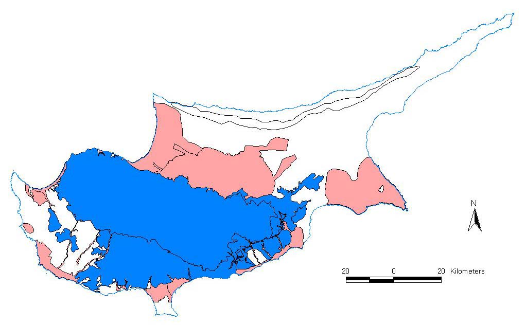 Χάρτης 5.1-2 _ Υφαλµύρινση στα υπόγεια υδατικά σώµατα της Κύπρου µπλε: χωρίς υφαλµύρινση, κόκκινο: µε υφαλµύρινση Πίνακας 5.