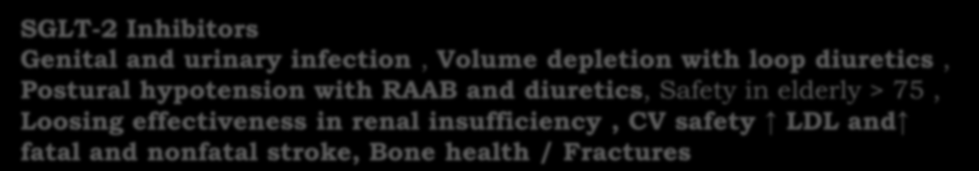 SGLT-2 Inhibitors Genital and urinary infection, Volume depletion with loop diuretics, Postural hypotension with RAAB and diuretics, Safety in elderly > 75, Loosing effectiveness in renal