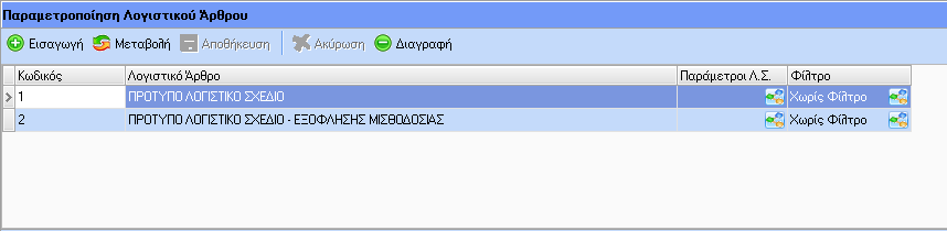 Δημιουργία Λογιστικών Σχεδίων Στη συγκεκριμένη φόρμα παραμετροποίησης λογαριασμών δίνεται η δυνατότητα στο χρήστη να δημιουργήσει όσα λογιστικά σχέδια επιθυμεί, εισάγοντας διαφορετική παραμετροποίηση