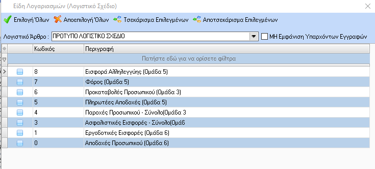 Με την 1 η επιλογή «Αντιγραφή από Λογιστικό Σχέδιο» ο χρήστης μπορεί να αντιγράψει την παραμετροποίηση ενός λογιστικού σχεδίου σε οποιοδήποτε άλλο επιθυμεί. Η αντιγραφή πραγματοποιείται ανά tab.