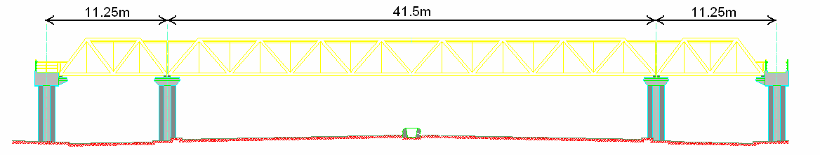 Σχ. 2: Όψη µεταλλικής πεζογέφυρας. Η γέφυρα είναι συµµετρική και αποτελείται από τρία ανοίγµατα: δύο ακριανά µήκους 11.25m και ένα κεντρικό µήκους 41.5m. 3.