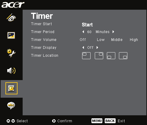 Χειριστήρια Χρήστη Timer (Χρονοδιακόπτης) (Λειτουργία Υπολογιστή /Βίντεο) Timer Start(Έναρξη Χρονοδιακόπτη) Πατήστε το κουμπί για να ξεκινήσει/σταματήσει ο χρονοδιακόπτης.