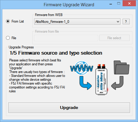 Obr. 11: Okno aktualizácie firmvéru Typy firmvéru. Pre výškomery Altis Micro sú dva typy firmvéru. Jeden je označený F5J a plne vyhovuje pravidlám FAI F5J, pričom ale neumožňuje žiadne iné nastavenia.