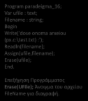 Διαγραφή Αρχείου ( Προσοχή Κίνδυνος!!! ) Παράδειγμα 3 Program paradeigma_16; Var ufile : text; Filename : string; Begin Write('dose onoma arxeiou (px.