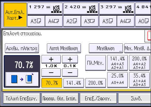3. Αντιγραφή 1. Πατήστε [Σμίκρ./Μεγέθ.]. 2. Επιλέξτε ένα ποσοστό και πατήστε [OK]. 3. Τοποθετήστε το πρωτότυπο και ξεκινήστε τη σάρωση.