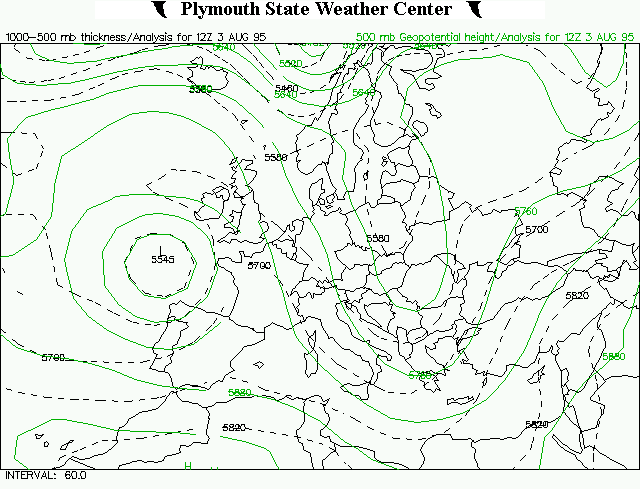 Χάρτης 5.18. Χάρτης ισοπαχών 500/1000 hpa και ισοϋψών στα 500 hpa για τις 03-08-1995 12 UTC (Vortex.plymouth.edu).