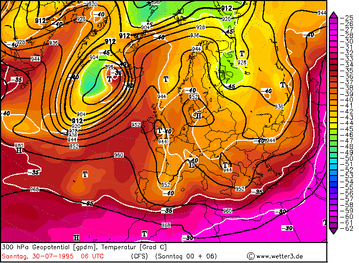 Χάρτης 5.20. Χάρτης 300 hpa γεωδυναμικού ύψους σε gpm και θερμοκρασίας σε 0 C για τις 26-07-1995 06 UTC (Wetter3.de).