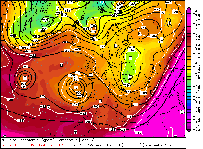 Χάρτης 5.24. Χάρτης 300 hpa γεωδυναμικού ύψους σε gpm και θερμοκρασίας σε 0 C για τις 02-08-1995 06 UTC (Wetter3.de).