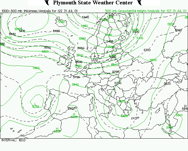 Χάρτης 6.14. Χάρτης ισοπαχών 500/1000 hpa και ισοϋψών στα 500 hpa για τις 31-07-2001 00 UTC.