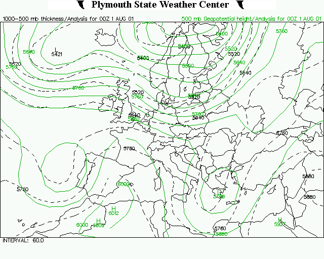 Χάρτης 6.16. Χάρτης ισοπαχών 500/1000 hpa και ισοϋψών στα 500 hpa για την 01-08-2001 00 UTC.