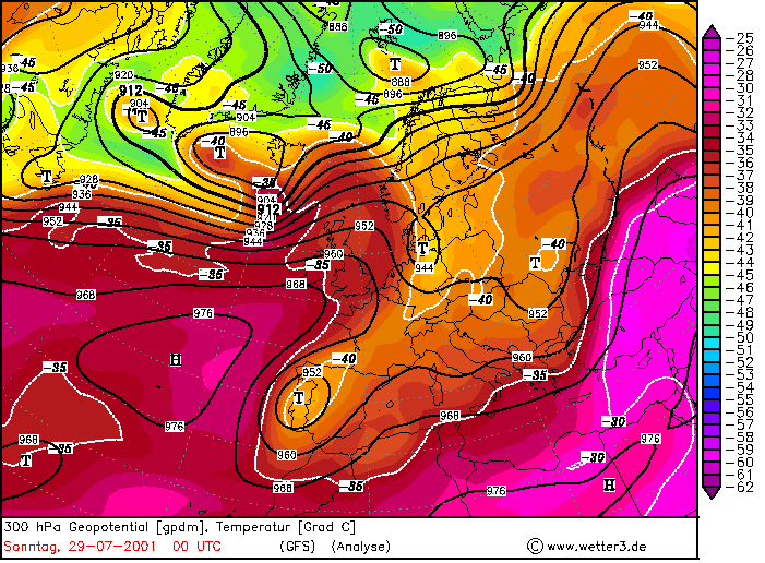 Χάρτης 6.18. Χάρτης 300 hpa γεωδυναμικού ύψους σε gpm και θερμοκρασίας σε 0 C για τις 28-07-2001 00 UTC (Wetter3.de).