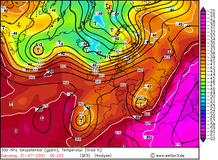 Χάρτης 6.20. Χάρτης 300 hpa γεωδυναμικού ύψους σε gpm και θερμοκρασίας σε 0 C για τις 30-07-2001 00 UTC (Wetter3.de).