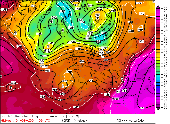 Χάρτης 6.24. Χάρτης 300 hpa γεωδυναμικού ύψους σε gpm και θερμοκρασίας σε 0 C για τις 01-08-2001 00 UTC (Wetter3.de).