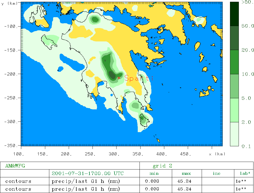 Χάρτης 7.15. Ρυθμός βροχόπτωσης (mm/hr) στις 01-08-2001 06 UTC.