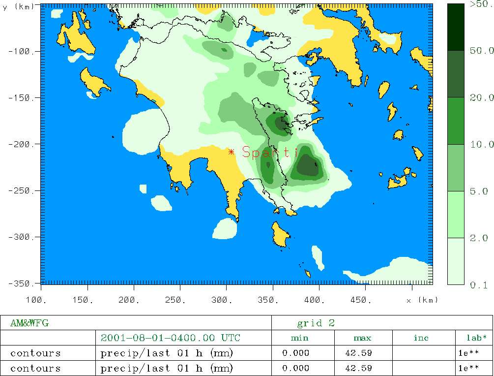 Χάρτης 7.17. Συνολικός ωριαίος υετός (mm) στις 31-07-2001 18 UTC.