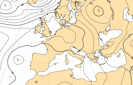 Χάρτης 3.1. Χάρτης επιφανείας για τις 03-08-1975 00 UTC (Ecmwf.int).