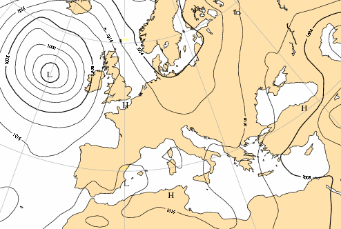 Χάρτης 3.3. Χάρτης επιφανείας για τις 06-08-1975 00 UTC (Ecmwf.int). 3.3. Λίμνη ψυχρού αέρα στο επίπεδο των 850 hpa από την 01-08 έως τις 06-08 του 1975.