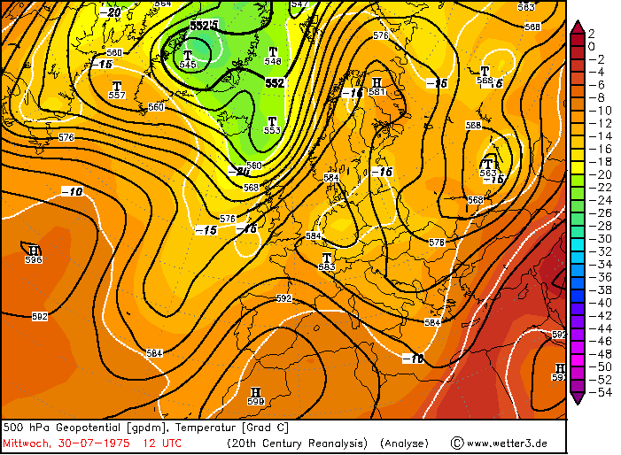 Χάρτης 3.30. Χάρτης 500 hpa γεωδυναμικού ύψους σε gpm και θερμοκρασίας σε 0 C για τις 27-07-1975 12 UTC (Wetter3.de).