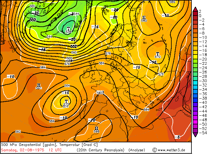 Χάρτης 3.32. Χάρτης 500 hpa γεωδυναμικού ύψους σε gpm και θερμοκρασίας σε 0 C για τις 31-07-1975 12 UTC (Wetter3.de).