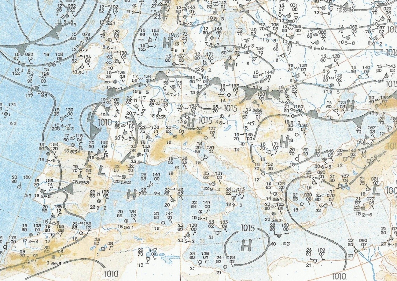 Χάρτης 4.1. Χάρτης επιφανείας για τις 19-08-1992 00 UTC (European Meteorological Bulletin).