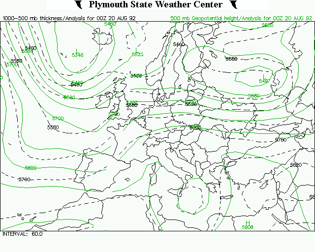 Χάρτης 4.11. Χάρτης ισοπαχών 500/1000 hpa και ισοϋψών στα 500 hpa για τις 19-08-1992 12 UTC.